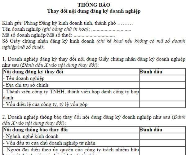 Mẫu thông báo thay đổi giấy phép kinh doanh